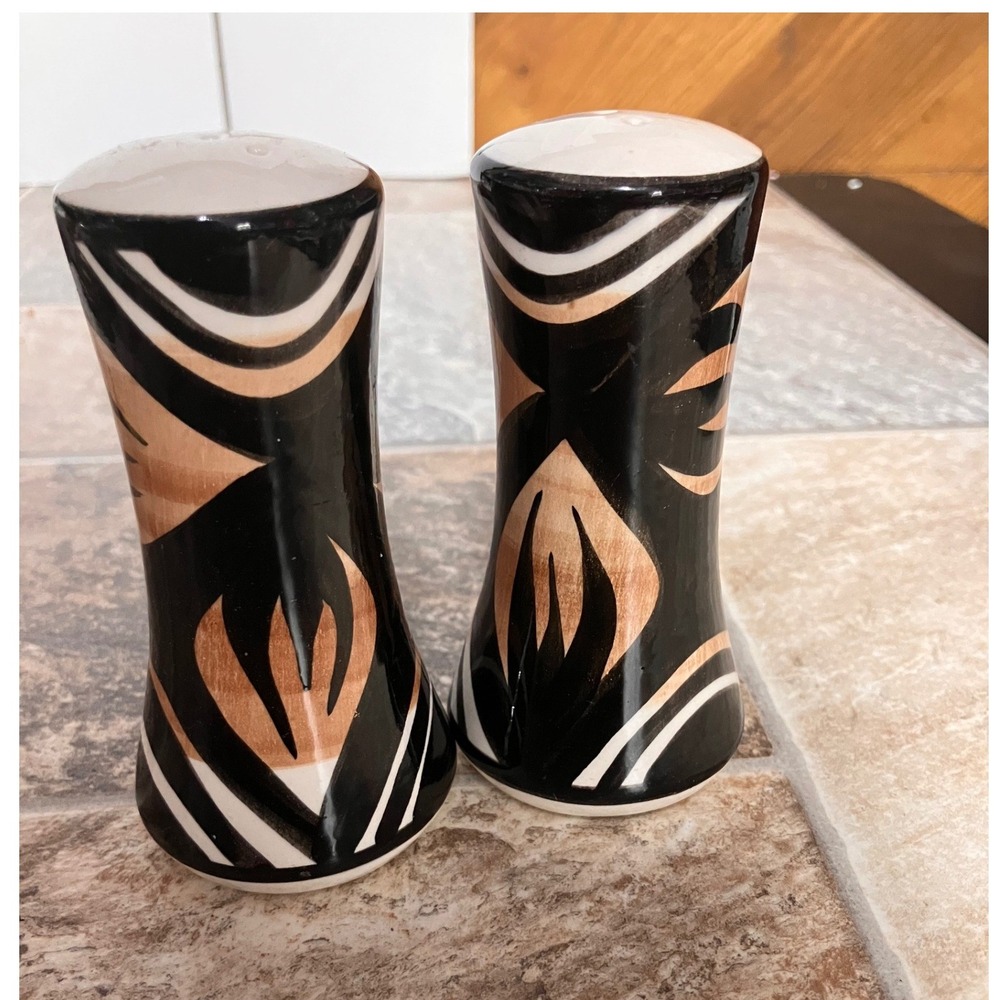 Monique Hand Painted Ceramic Salt and Pepper Shakers Black White Tan Tribal 4"